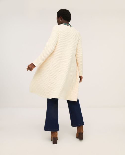 Women's long ivory sweater cardigan perfect for office wear, casual outfits, and layering.