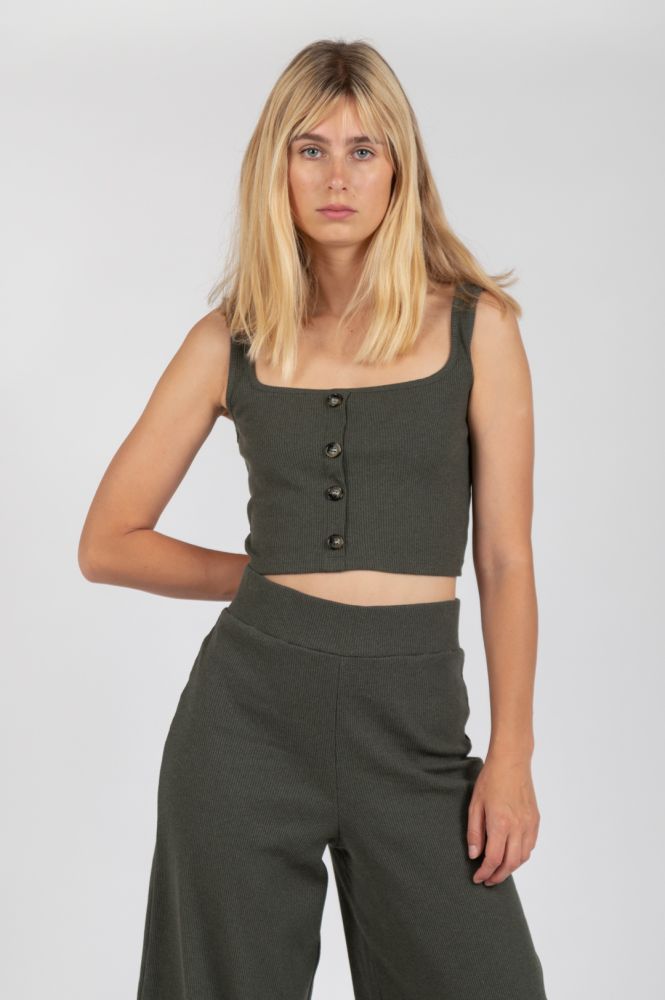 Modern button-front tank top offering comfort, versatility, and effortless style.
