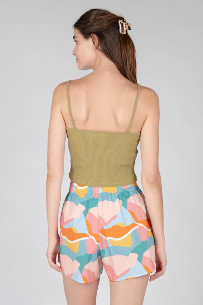 Women's basic ribbed camisole with spaghetti straps and flattering cropped fit.