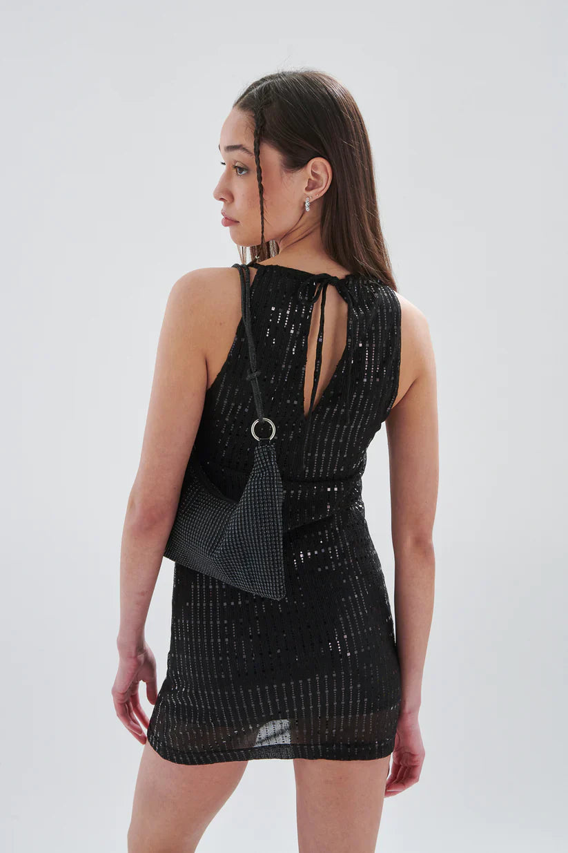 Elegant women’s evening mini dress with black sequins, slim fit silhouette, and sophisticated party-ready style.