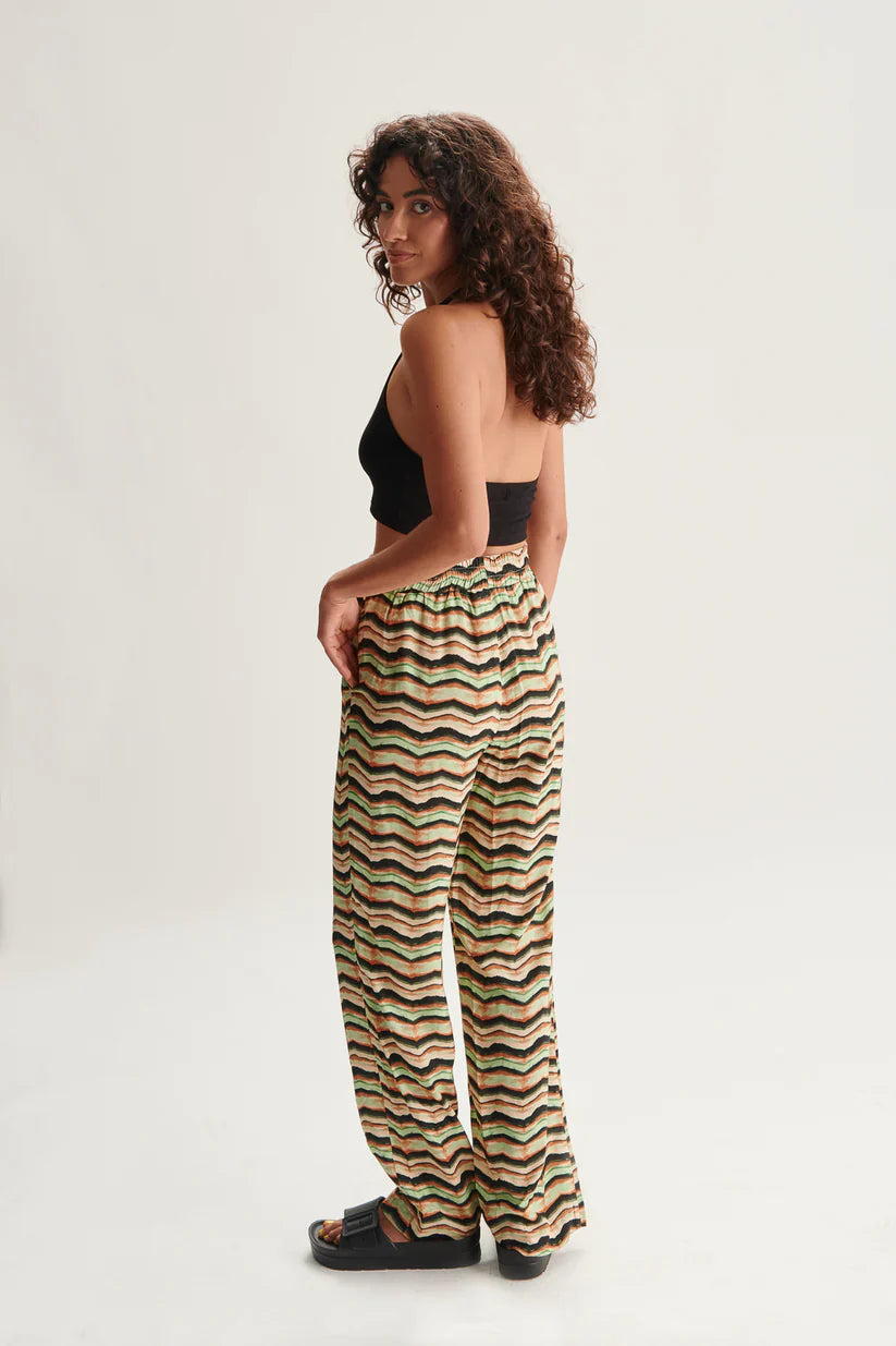Resort-ready wide leg pants with multicolor chevron print and breezy relaxed fit for effortless warm-weather outfits.