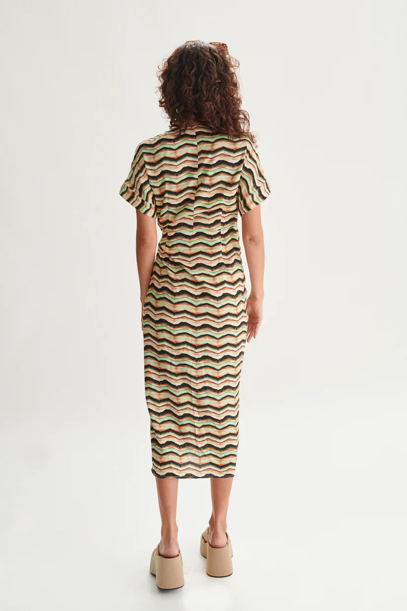 Statement boho midi dress with retro wave pattern and soft draped fit for elevated casual and resort-ready wardrobes.