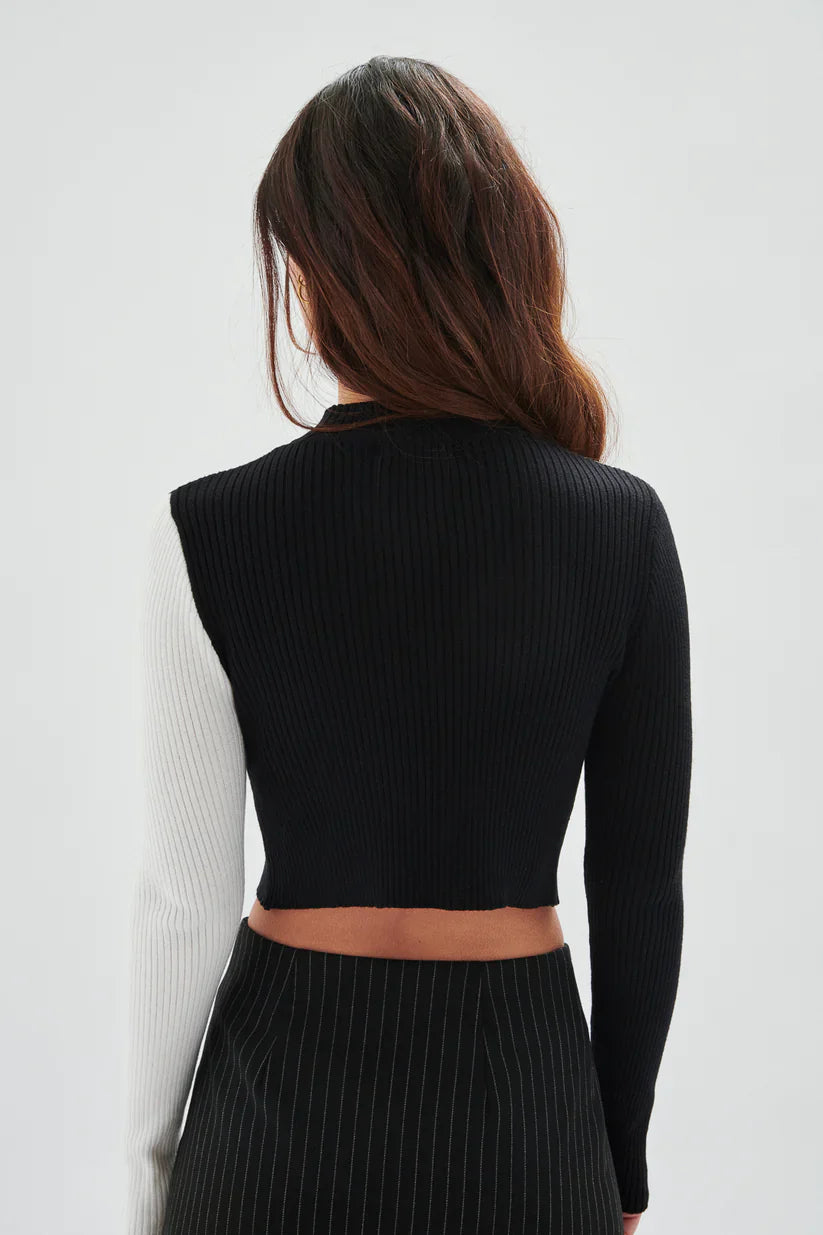 Trendy black and white colorblock sweater cardigan with ribbed texture and statement cutout design for casual chic styling.