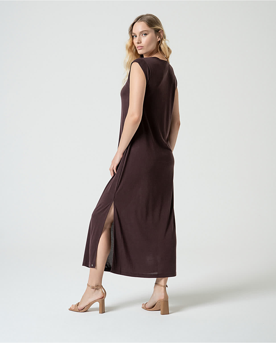 Women’s dark chocolate brown maxi dress with side slit and minimalist modern elegant silhouette.