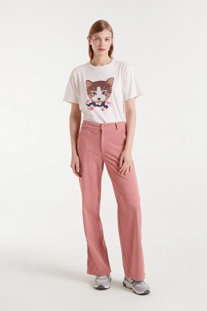 Playful animal graphic top with trendy cartoon cat artwork and minimalist styling
