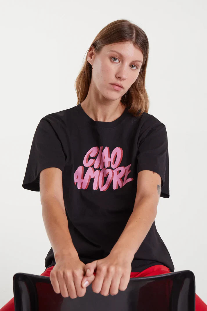Women’s contemporary graphic tee with minimalist cool-girl vibe "ciao amore"