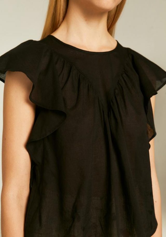 Women's black casual chic top with gathered front and airy lightweight fabric.