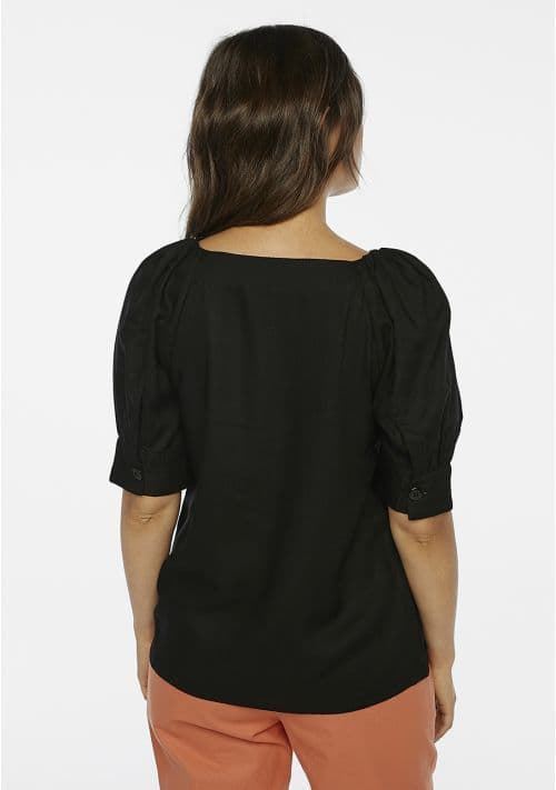 Black fashion top with elbow-length sleeves and effortless contemporary styling.