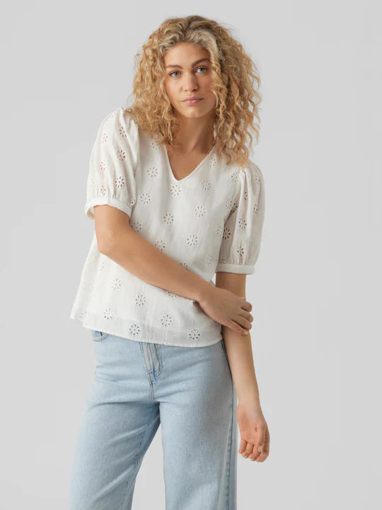 Romantic white embroidered cotton top perfect for spring outfits, vacations, and brunch dates.