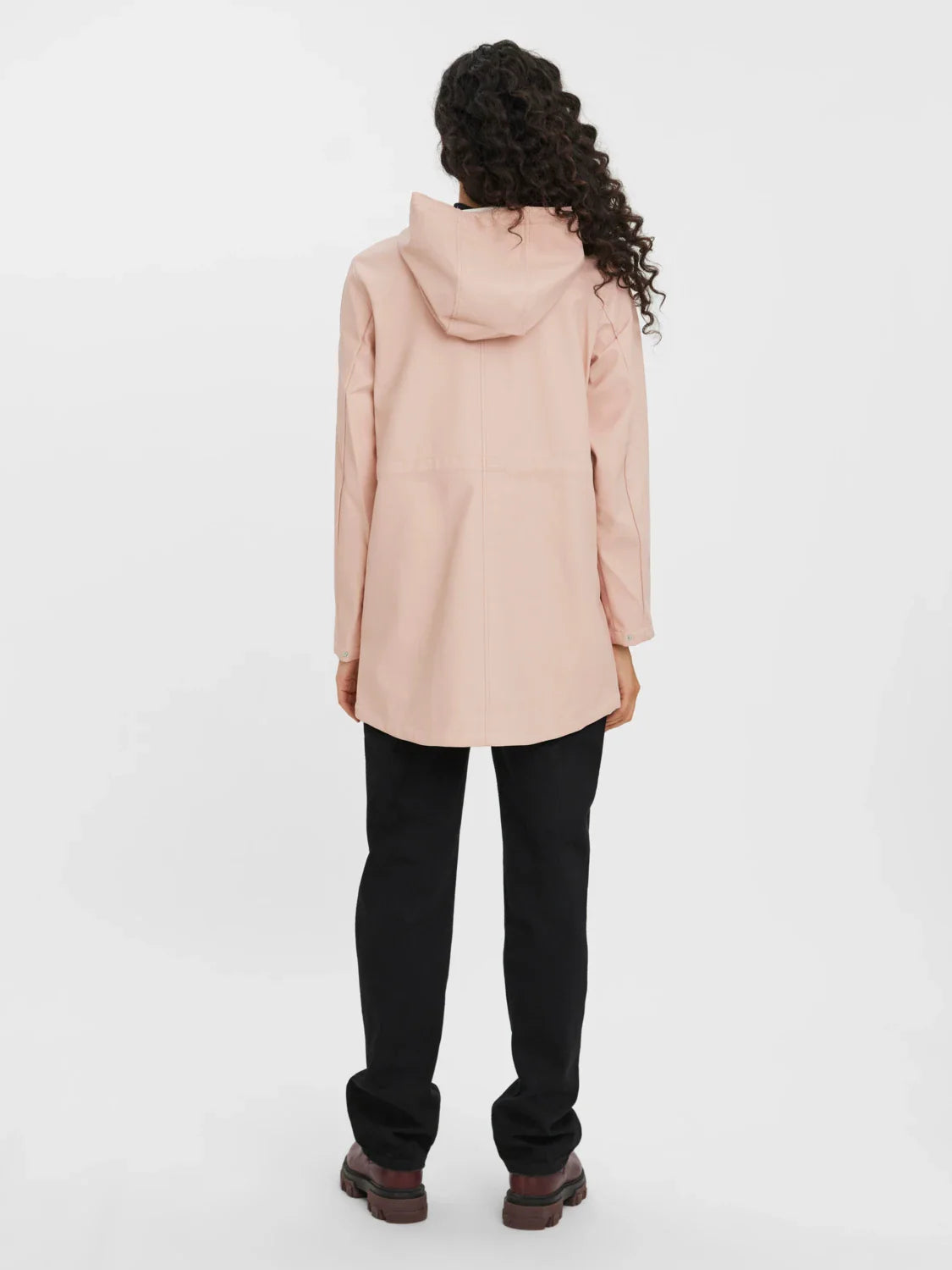 Back view stylish pink rain jacket for women with hooded design and functional flap pockets for casual outdoor fashion.
