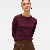 Women's burgundy crew neck knit sweater with decorative gold-tone shoulder buttons and long sleeves for elevated everyday outfits.