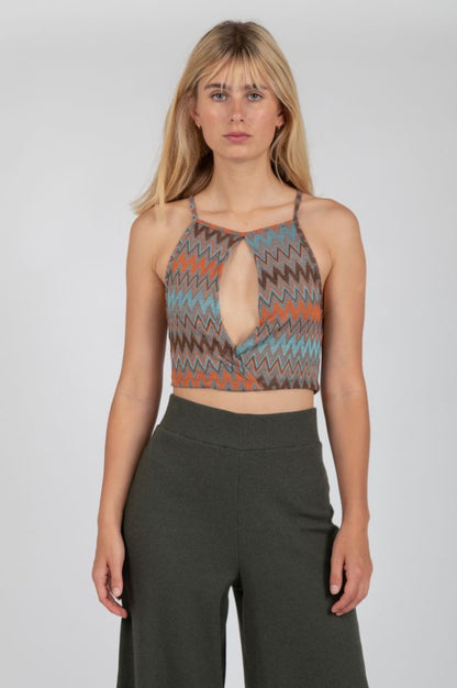 Geometric print halter crop top designed for festivals, vacations, and casual wear.