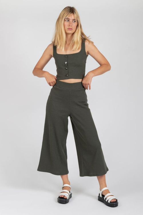 Olive green ribbed crop tank top with square neckline and button-front detail for women.