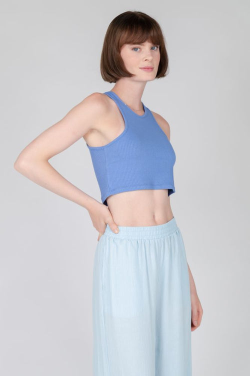 Trendy periwinkle blue cropped tank featuring ribbed texture and high neckline for minimalist streetwear and lounge looks.