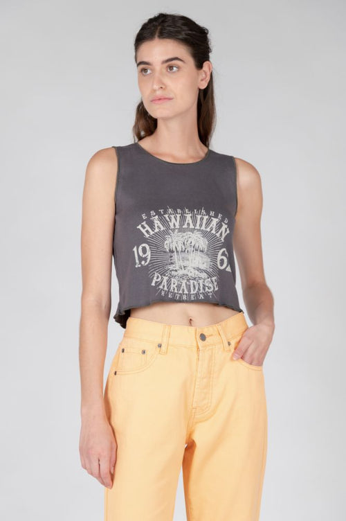 Trendy cropped muscle tank featuring retro Hawaii paradise graphic print and faded charcoal fabric for effortless cool-girl style.