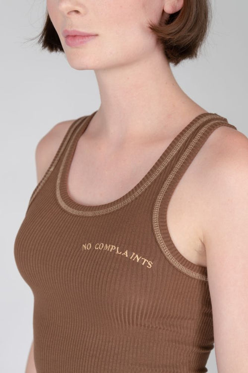 "No Complaints" minimalist brown fitted tank top with contrast binding and comfortable stretch fabric.
