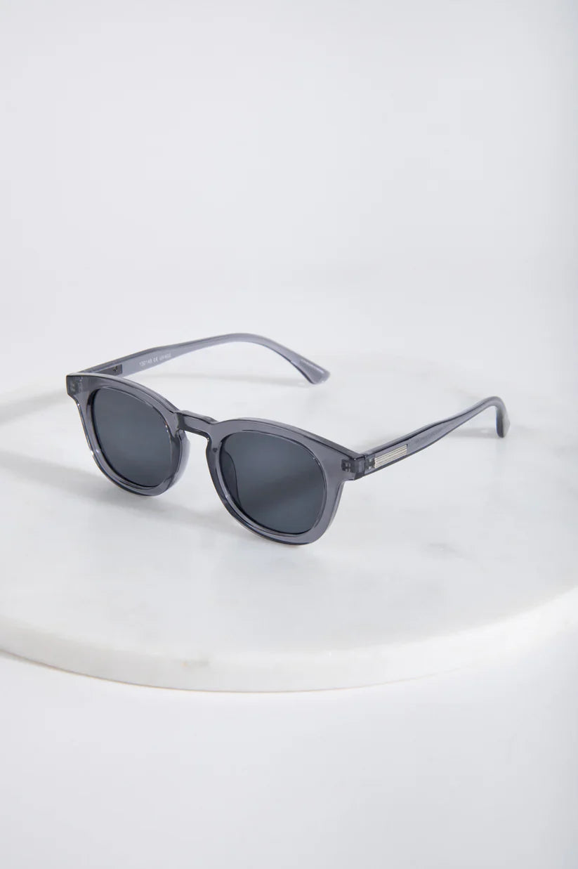 Modern smoky gray sunglasses with translucent frames and minimalist street style fashion aesthetic.