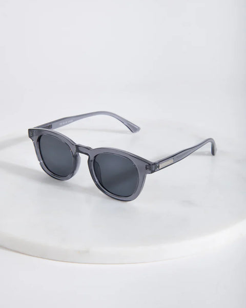 Modern smoky gray sunglasses with translucent frames and minimalist street style fashion aesthetic.