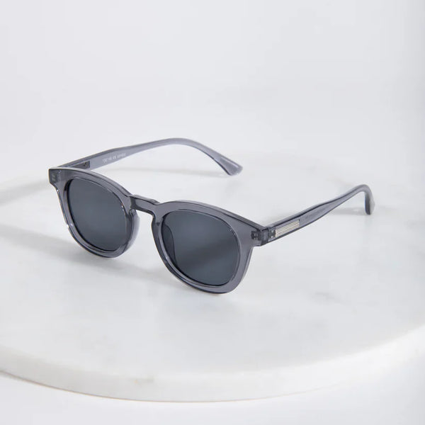Modern smoky gray sunglasses with translucent frames and minimalist street style fashion aesthetic.