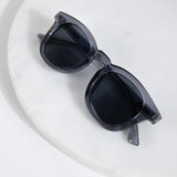 Designer-look translucent sunglasses with dark lenses and timeless modern fashion statement vibe.