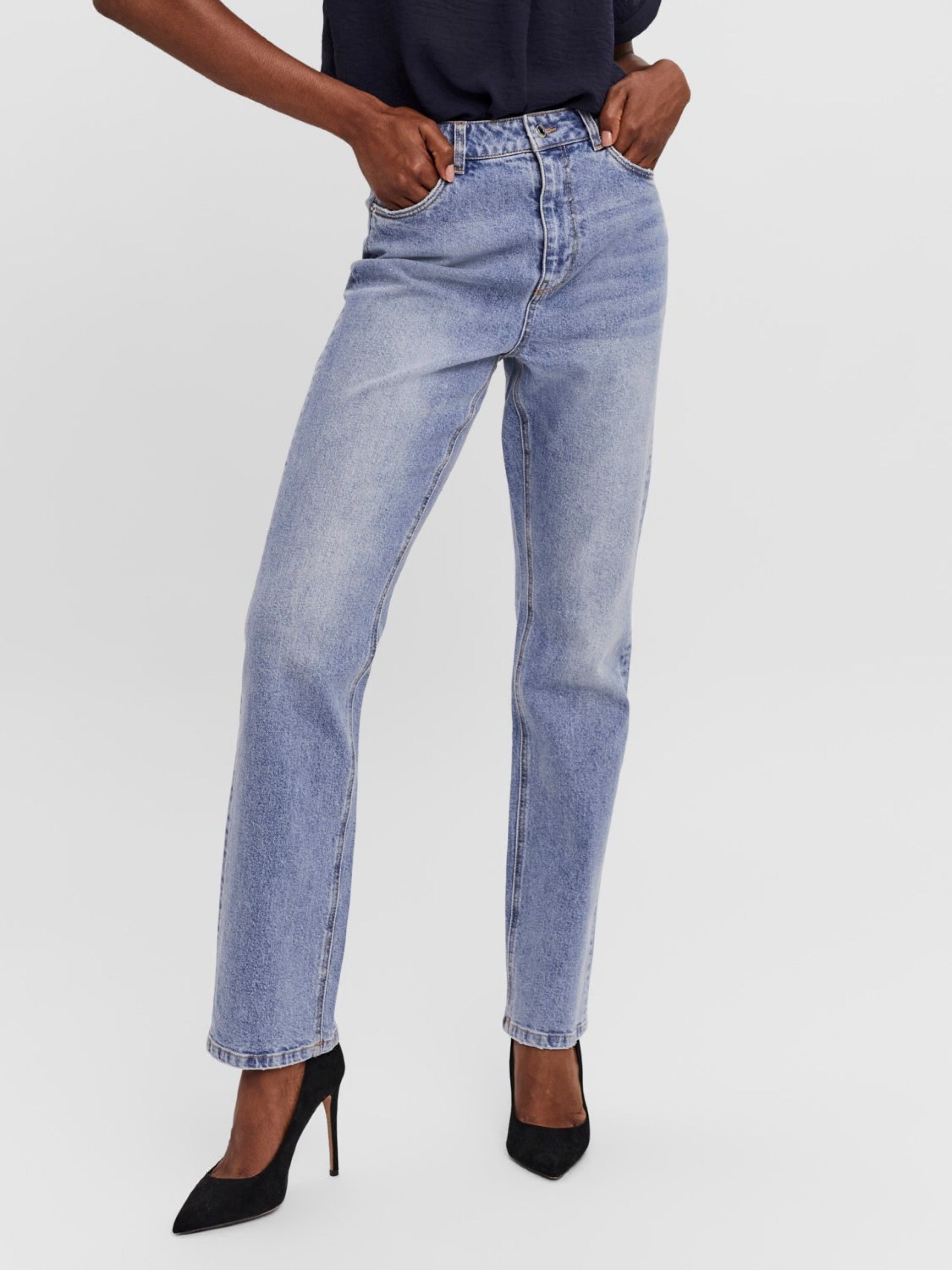 Modern light wash denim jeans with ankle-length straight leg fit for chic casual, office, and weekend styling.