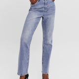 Modern light wash denim jeans with ankle-length straight leg fit for chic casual, office, and weekend styling.
