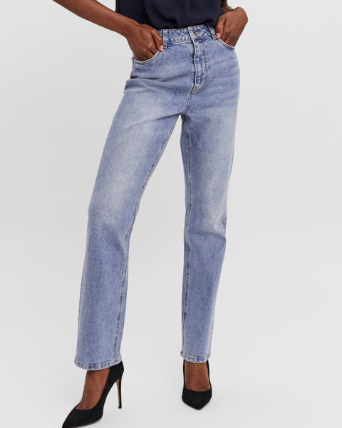 Modern light wash denim jeans with ankle-length straight leg fit for chic casual, office, and weekend styling.