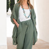 Boutique-style linen blend co-ord set with soft drape and laid-back Mediterranean resort vibe.