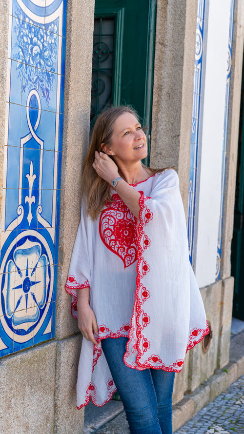 Oversized embroidered Viana heart kaftan blouse with lightweight texture and elegant boho vacation styling