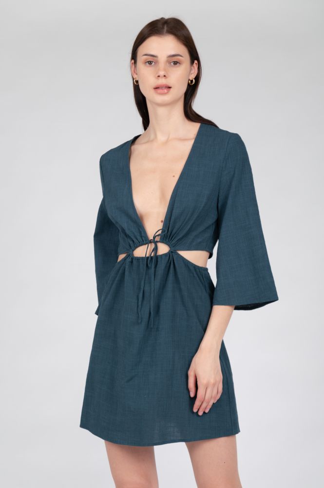 Women's summer mini dress with side cut-outs and flared sleeve detail.