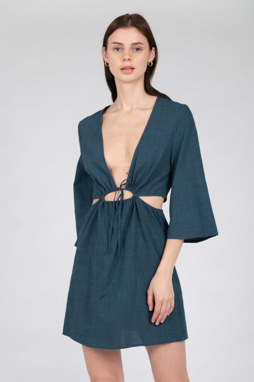 Women's summer mini dress with side cut-outs and flared sleeve detail.