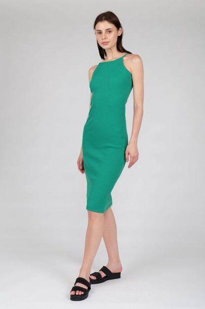 Women's emerald green fitted midi dress with elegant sleeveless bodycon silhouette.