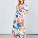 Modern wrap midi dress with bold multicolor print and chic elevated everyday resortwear aesthetic.
