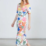 Elegant abstract print dress featuring soft wrap waist detail and modern feminine vacation styling.