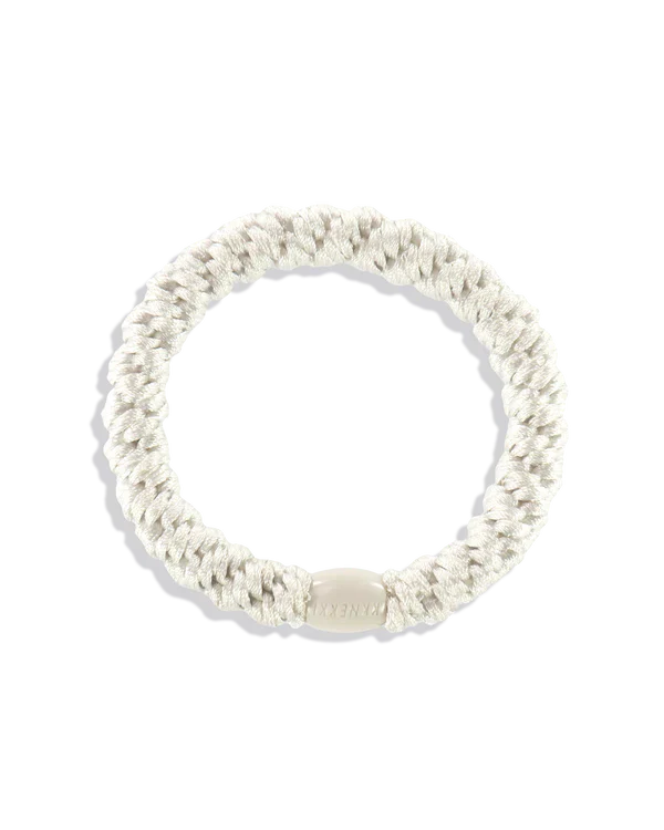 White braided rope hair tie with flexible elastic core and soft woven texture for secure ponytails without breakage.