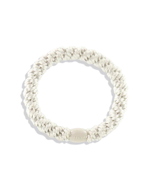 White braided rope hair tie with flexible elastic core and soft woven texture for secure ponytails without breakage.