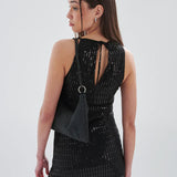 Elegant women’s evening mini dress with black sequins, slim fit silhouette, and sophisticated party-ready style.