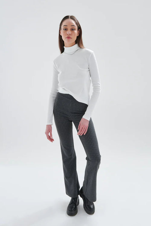 Women’s charcoal striped trousers featuring high-rise waist and fitted flare leg for timeless professional style.