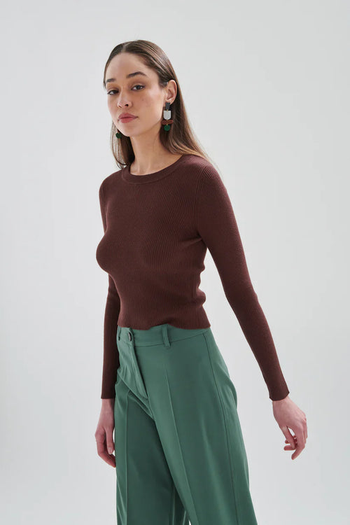 Trendy brown rib knit long sleeve top featuring slim fit design and soft stretch fabric for chic casual outfits.