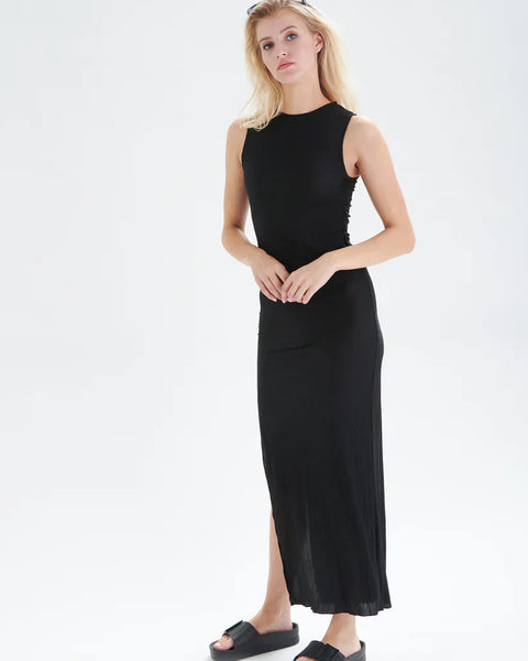 Boutique women’s sleeveless black midi dress with sleek bodycon fit and understated luxury appeal.