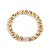 Stretch woven tutti frutti ponytail holder with soft braided fabric and secure flexible grip for thick, thin, or curly hair types.