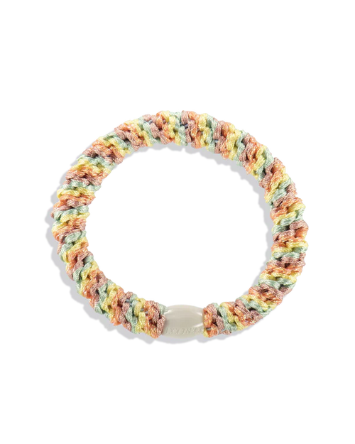 Stretch woven tutti frutti ponytail holder with soft braided fabric and secure flexible grip for thick, thin, or curly hair types.