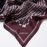 Women’s Surkana burgundy patterned fashion scarf with cream geometric design for fall and winter outfits.