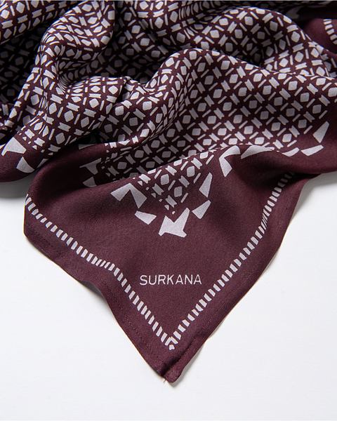 Women’s Surkana burgundy patterned fashion scarf with cream geometric design for fall and winter outfits.
