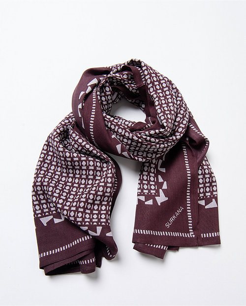 Lightweight designer-look scarf with rich berry hues and contemporary geometric detailing