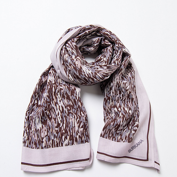 Surkana women’s abstract print scarf in brown, grey, and ivory with contrast border for stylish layering and versatile everyday outfits.
