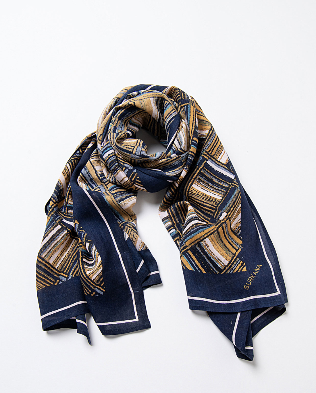 Surkana women’s navy blue and mustard geometric print scarf with graphic pattern and contrast border for chic statement styling.