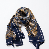 Surkana women’s navy blue and mustard geometric print scarf with graphic pattern and contrast border for chic statement styling.