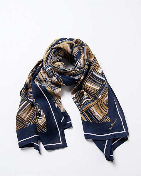 Surkana women’s navy blue and mustard geometric print scarf with graphic pattern and contrast border for chic statement styling.