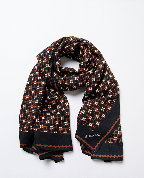 Retro geometric print scarf with modern Parisian-inspired accessory styling